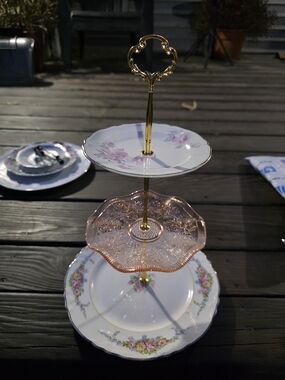 Three-Tier Floral Porcelain and Pink Glass Serving Stand